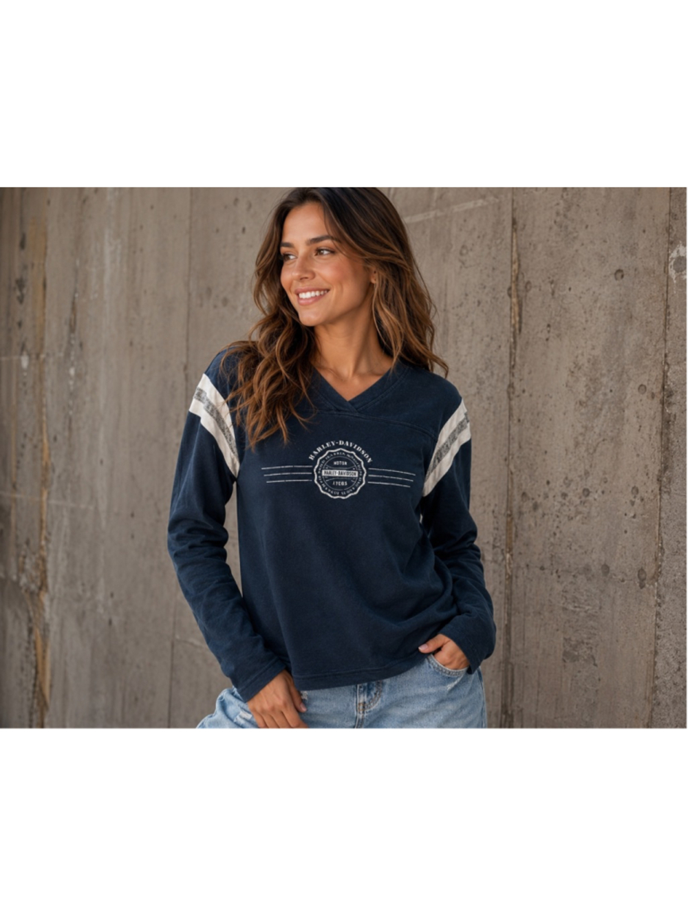 Women's Vintage Harley-Davidson Navy & White Long Sleeve Tee S Summer